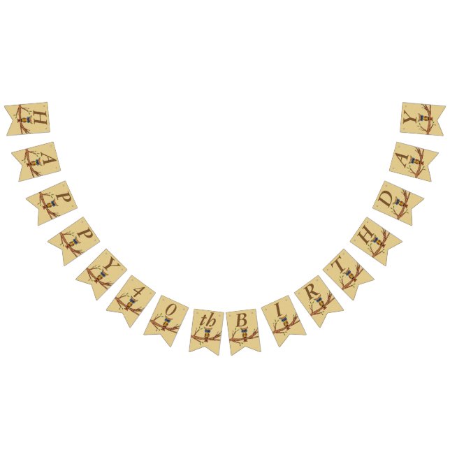 Happy Birthday Colourful Owl On Branch Brown Bunting Flags (All)