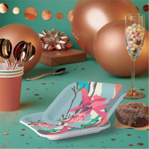 Happy Birthday Colourful Pink Magnolia Abstract   Paper Plate