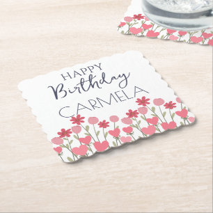 Happy Birthday Colourful Spring Flowers and Hearts Paper Coaster