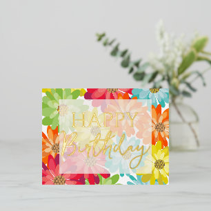 Happy Birthday Colourful Spring Flowers Gold Foil Holiday Postcard