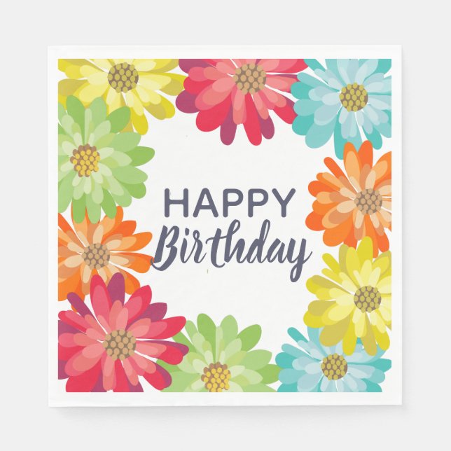 Happy Birthday Colourful Spring Flowers Napkin (Front)