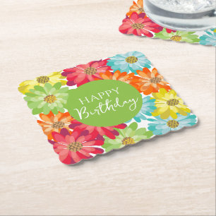 Happy Birthday Colourful Spring Flowers       Paper Coaster