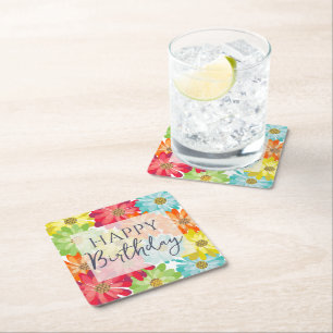 Happy Birthday Colourful Spring Flowers Square Paper Coaster