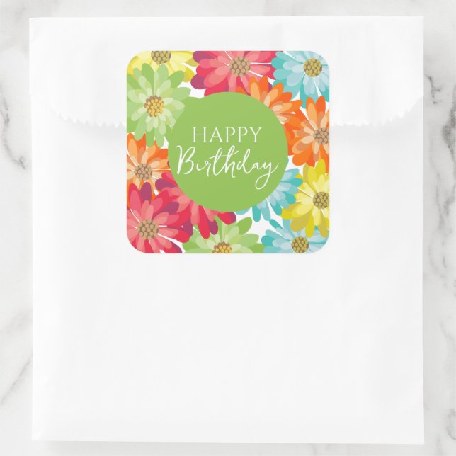 Happy Birthday Colourful Spring Flowers      Square Sticker (Bag)