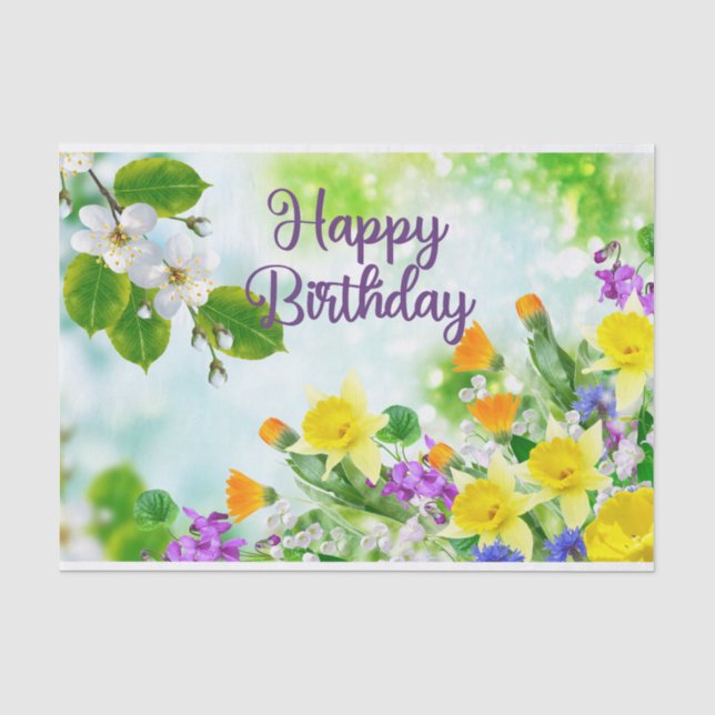 Happy Birthday Colourful Spring Flowers  Tissue Paper (Front)