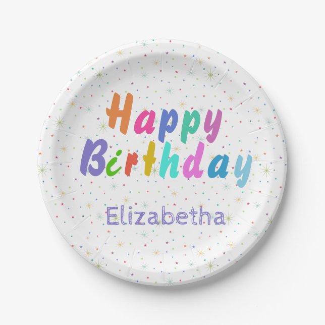 Happy Birthday Colourful Stars and Text personaliz Paper Plate (Front)
