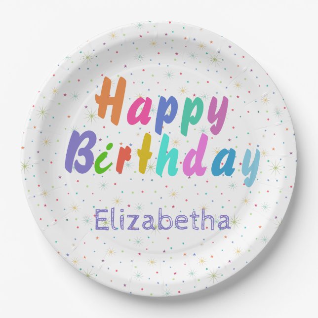 Happy Birthday Colourful text personalize  Paper Plate (Front)