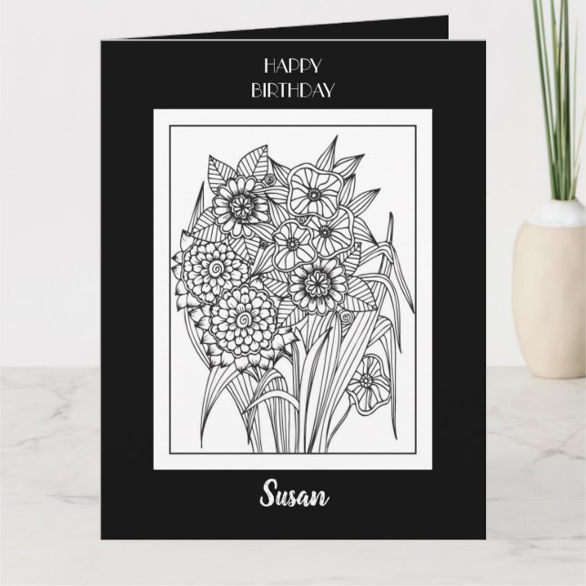 Happy Birthday Colouring Card Flower Design (Front)