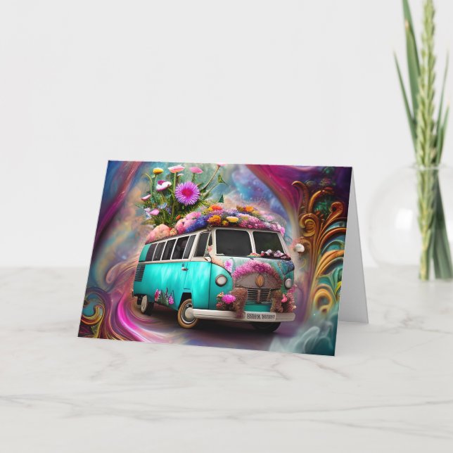 Happy Birthday Combi van with flowers 1970s  Thank You Card (Front)