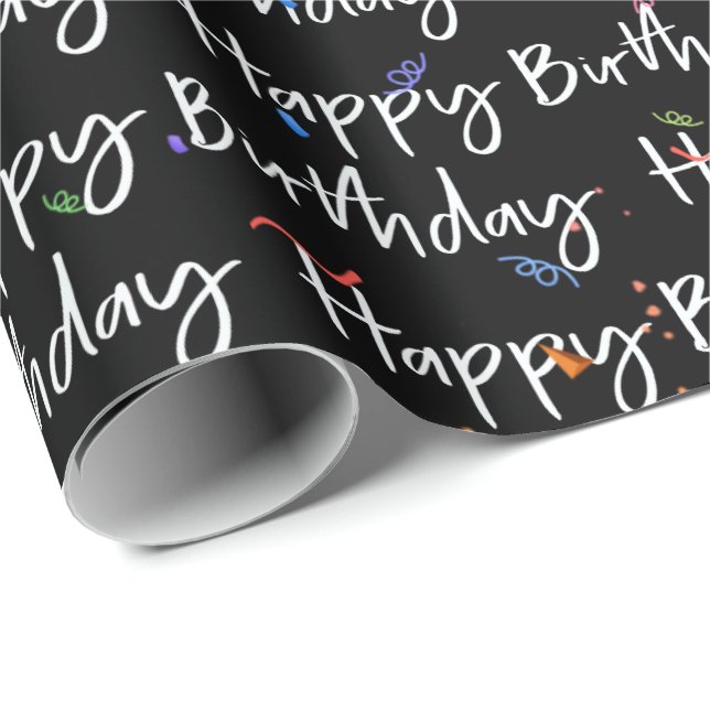 Happy Birthday Confetti on Black Wrapping Paper (Roll Corner)
