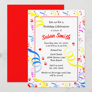Happy Birthday Confetti Streamer Party  Invitation