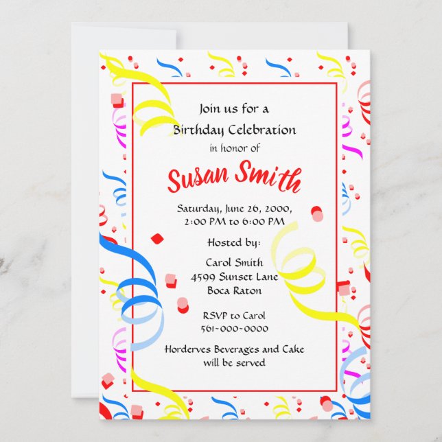 Happy Birthday Confetti Streamer Party  Invitation (Front)