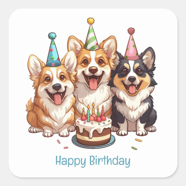 Happy Birthday Corgi Dogs Square Sticker (Front)