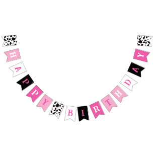Happy Birthday Cow Print Pink Black and White Bunting Flags
