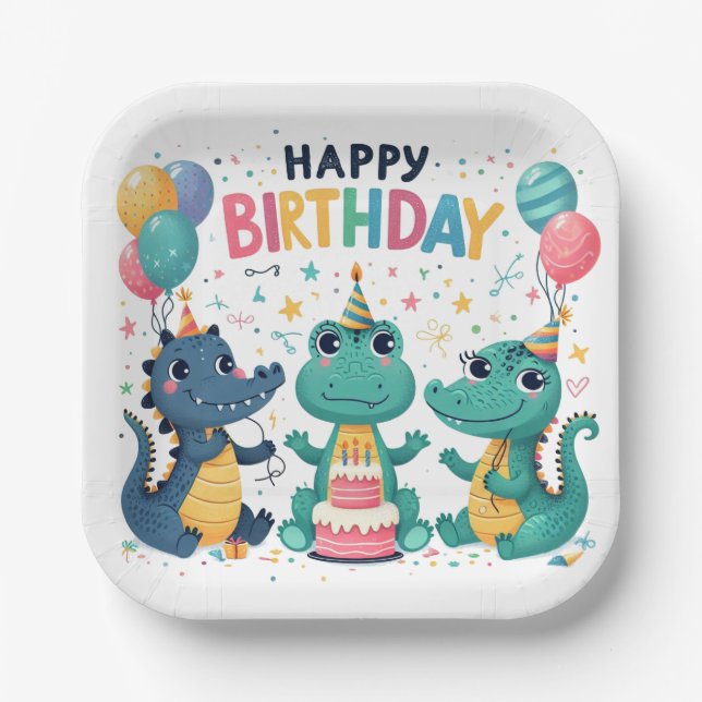 Happy Birthday Crocodiles Paper Plate (Front)