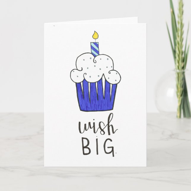 happy birthday cupcake calligraphy blue hand write card (Front)