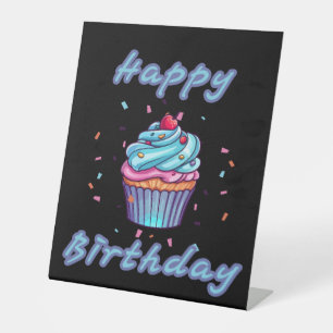 Happy Birthday Cupcake Confetti Pedestal Sign