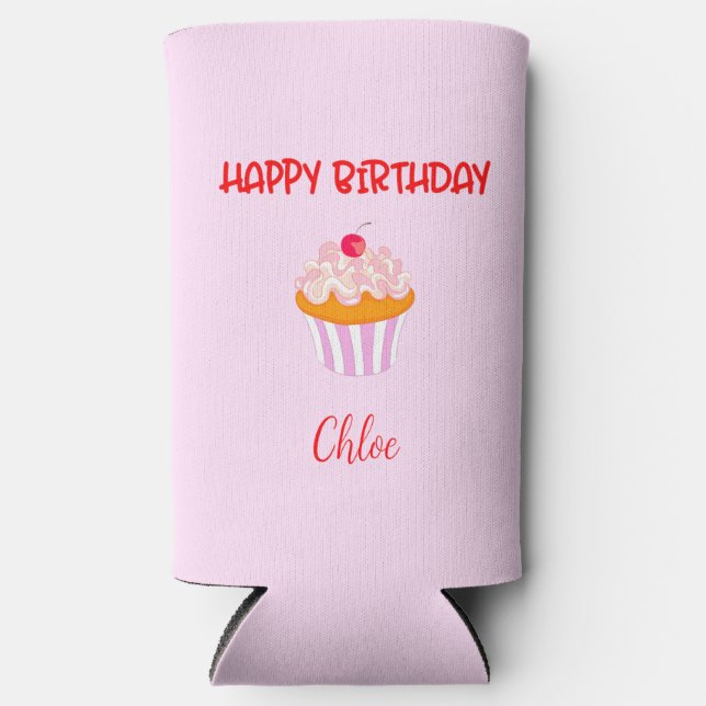Happy Birthday Cupcake Personalized with Name  Seltzer Can Cooler (Front)