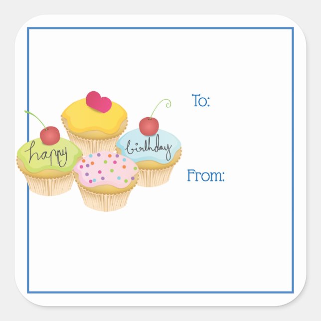 Happy Birthday Cupcakes Gift Tag Stickers (Front)