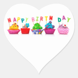 Happy Birthday Cupcakes Heart Sticker