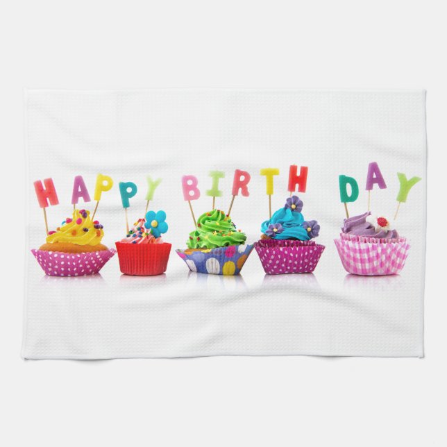 Happy Birthday Cupcakes Kitchen Towel (Horizontal)