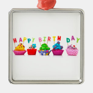 Happy Birthday Cupcakes Metal Ornament