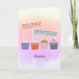 Happy Birthday Cupcakes on Watercolor Pink Custom Card