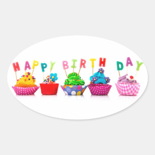 Happy Birthday Cupcakes Oval Sticker