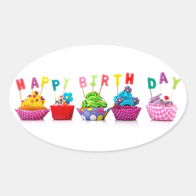 Happy Birthday Cupcakes Oval Sticker (Front)