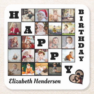 Happy Birthday Custom 21 Photo Collage Gift  Square Paper Coaster