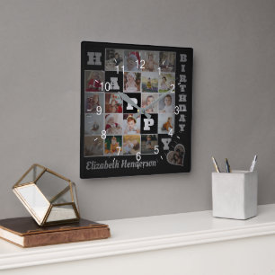 Happy Birthday Custom 21 Photo Collage Gift Square Wall Clock