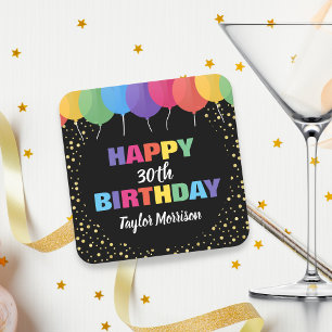 Happy Birthday Custom Age Name Colourful Balloons Square Paper Coaster