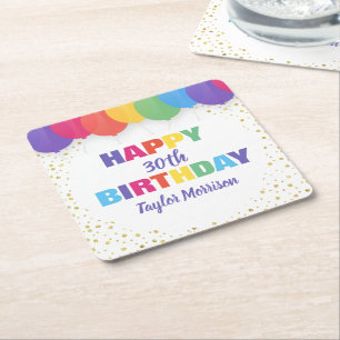 Happy Birthday Custom Age Name Colourful Balloons Square Paper Coaster
