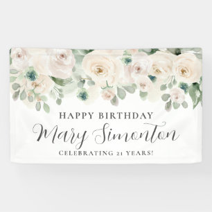 Happy Birthday Custom Banner White Floral 21st