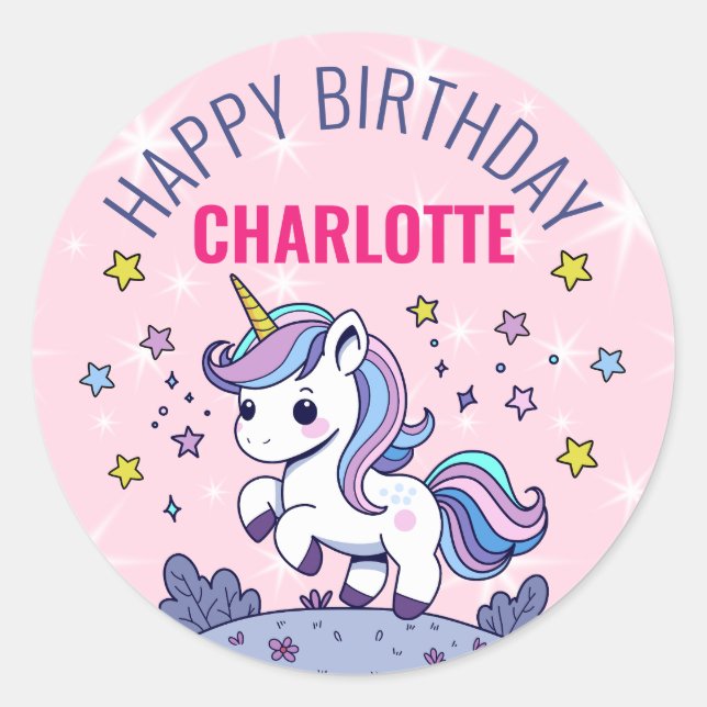 Happy Birthday Custom Magical Unicorn Classic Round Sticker (Front)