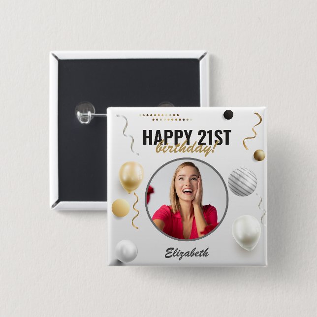 Happy Birthday Custom Modern Photo Gift 2 Inch Square Button (Front & Back)