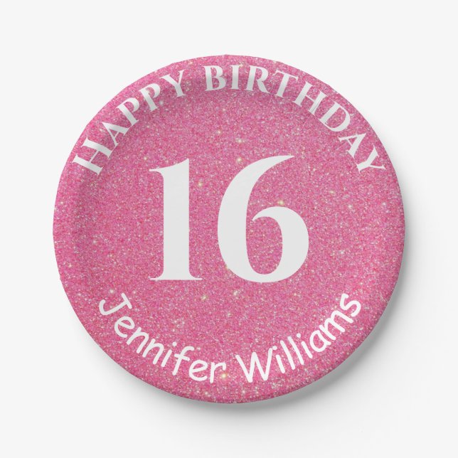Happy Birthday Custom Name Age Year Pink Glitter Paper Plate (Front)