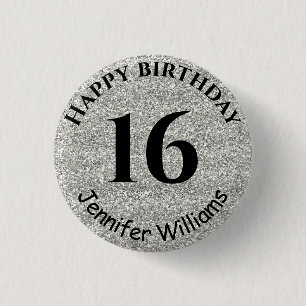 Happy Birthday Custom Name Age Year Silver Glitter 1 Inch Round Button