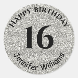 Happy Birthday Custom Name Age Year Silver Glitter Classic Round Sticker