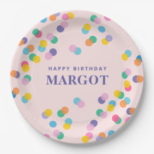 Happy Birthday Custom Name Confetti Blush Pink Paper Plate
