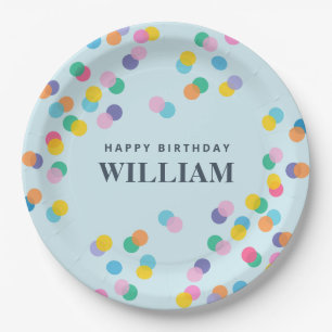 Happy Birthday Custom Name Confetti Pastel Blue Paper Plate