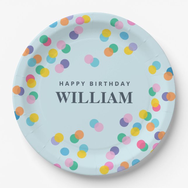 Happy Birthday Custom Name Confetti Pastel Blue Paper Plate (Front)