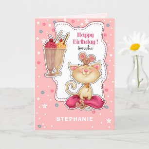 Happy Birthday.Custom Name   Funny Kitty and Mice Card