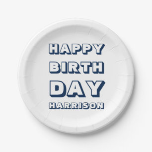Happy Birthday Custom Name navy blue and white Paper Plate
