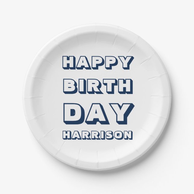 Happy Birthday Custom Name navy blue and white Paper Plate (Front)