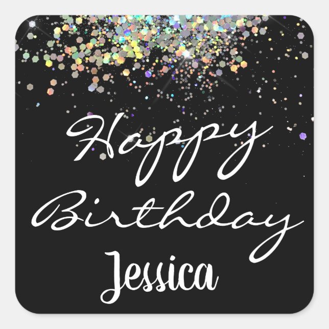 Happy Birthday Custom Name Rainbow Glitter  Square Sticker (Front)