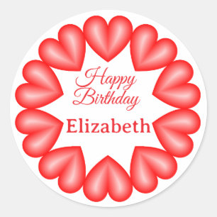 Happy birthday custom name red hearts circle frame classic round sticker