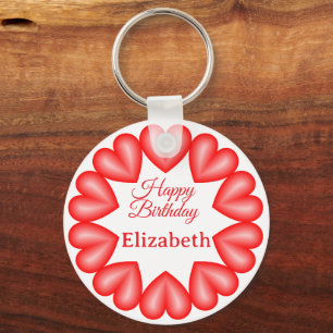 Happy birthday custom name red hearts circle frame keychain
