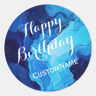 Happy Birthday Custom Personalized Name Blue Classic Round Sticker