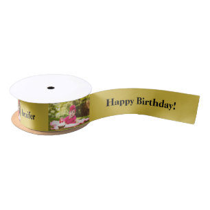 Happy Birthday Custom Photo and name Gold & Black Satin Ribbon